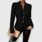 Black Women's Cable Knit Sweater Jacket with Mock Neck & Button-Front Closure — Mira