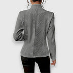 Gray Women's Cable Knit Sweater Jacket with Mock Neck & Button-Front Closure — Mira - Back Full