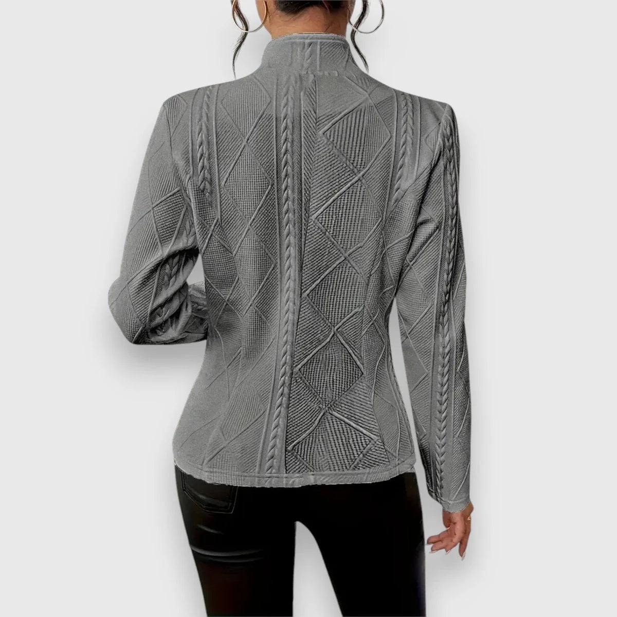 Gray Women's Cable Knit Sweater Jacket with Mock Neck & Button-Front Closure — Mira - Back Full