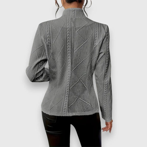 Gray Women's Cable Knit Sweater Jacket with Mock Neck & Button-Front Closure — Mira - Back Full
