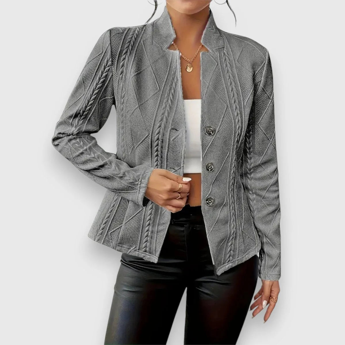 Gray Women's Cable Knit Sweater Jacket with Mock Neck & Button-Front Closure — Mira