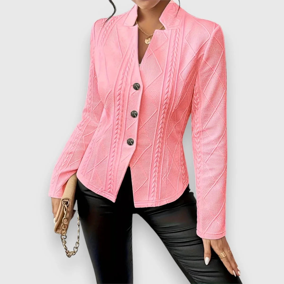 Pink Women's Cable Knit Sweater Jacket with Mock Neck & Button-Front Closure — Mira - Front Asymmetric Collar