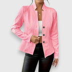 Pink Women's Cable Knit Sweater Jacket with Mock Neck & Button-Front Closure — Mira - Front Mock Neck