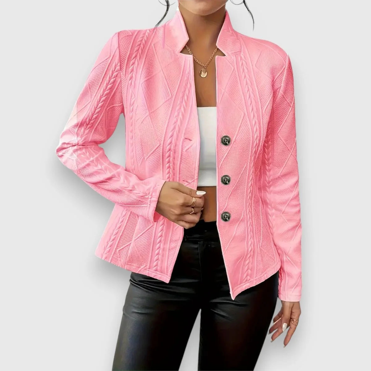 Pink Women's Cable Knit Sweater Jacket with Mock Neck & Button-Front Closure — Mira - Front Mock Neck