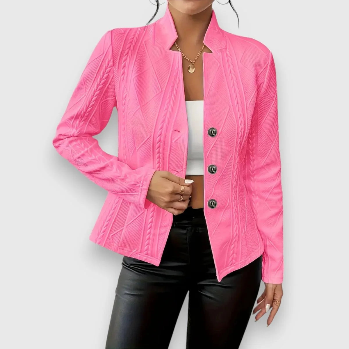 Pink Women's Cable Knit Sweater Jacket with Mock Neck & Button-Front Closure — Mira