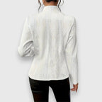 White Women's Cable Knit Sweater Jacket with Mock Neck & Button-Front Closure — Mira - Back View