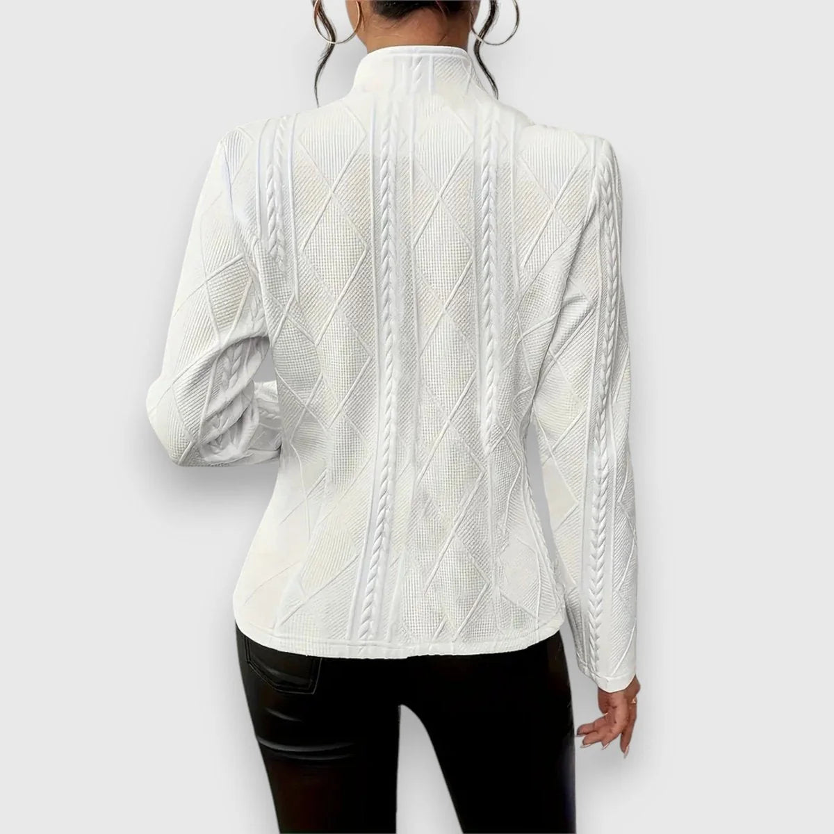 White Women's Cable Knit Sweater Jacket with Mock Neck & Button-Front Closure — Mira - Back View