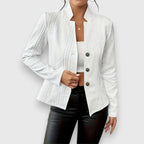 White Women's Cable Knit Sweater Jacket with Mock Neck & Button-Front Closure — Mira - Front Open Collar