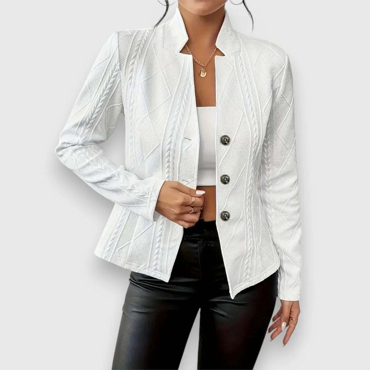 White Women's Cable Knit Sweater Jacket with Mock Neck & Button-Front Closure — Mira - Front Open Collar