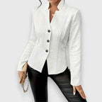 White Women's Cable Knit Sweater Jacket with Mock Neck & Button-Front Closure — Mira