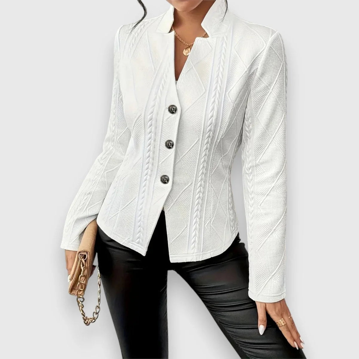 White Women's Cable Knit Sweater Jacket with Mock Neck & Button-Front Closure — Mira