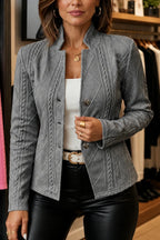 Dark Gray Women's Open Front Blazer with Stand Collar & Cable Knit Texture - Studio Belt Pose