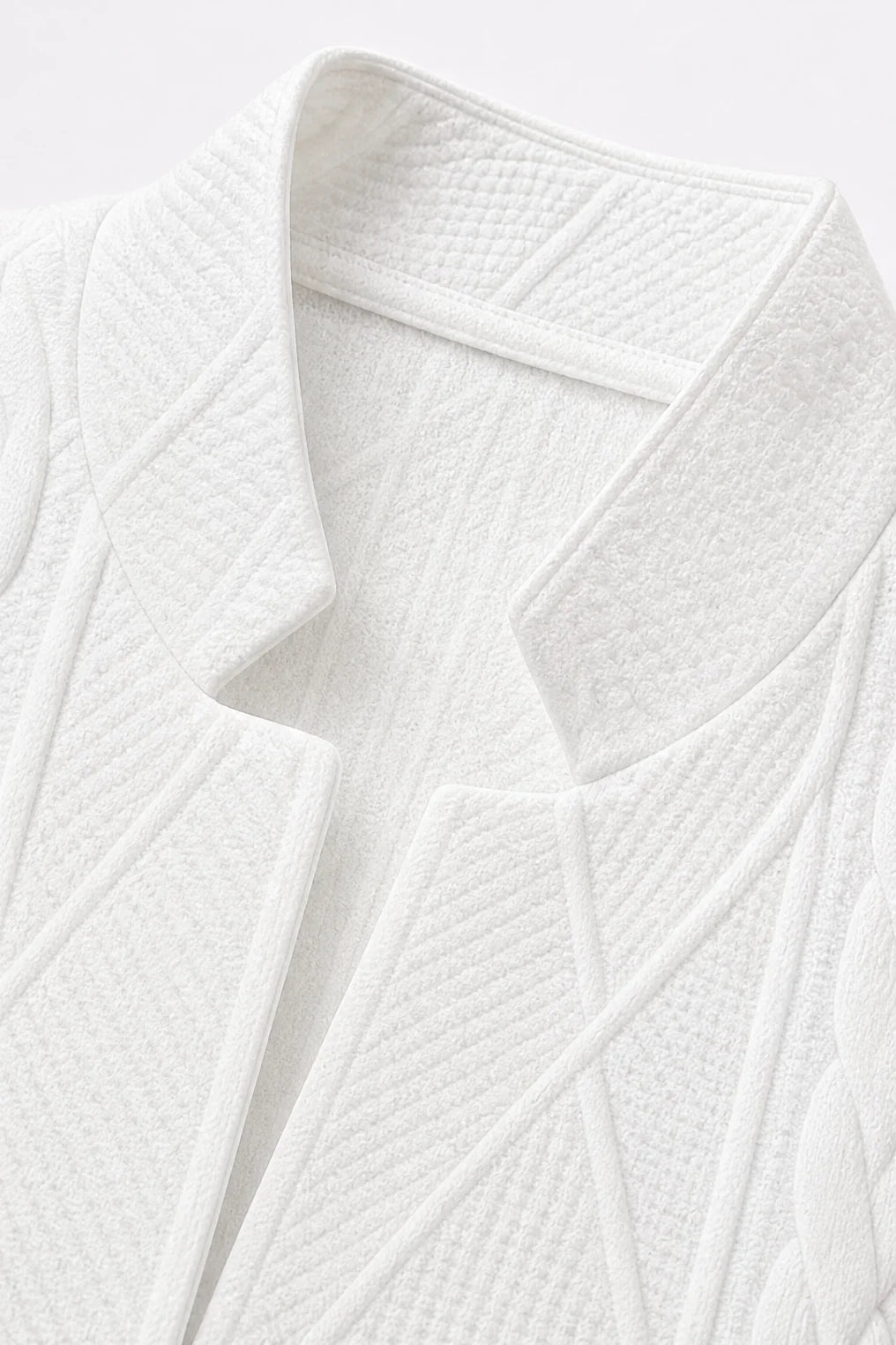 White Women's Open Front Blazer with Stand Collar & Cable Knit Texture — Jenny - Collar Fabric Close Up