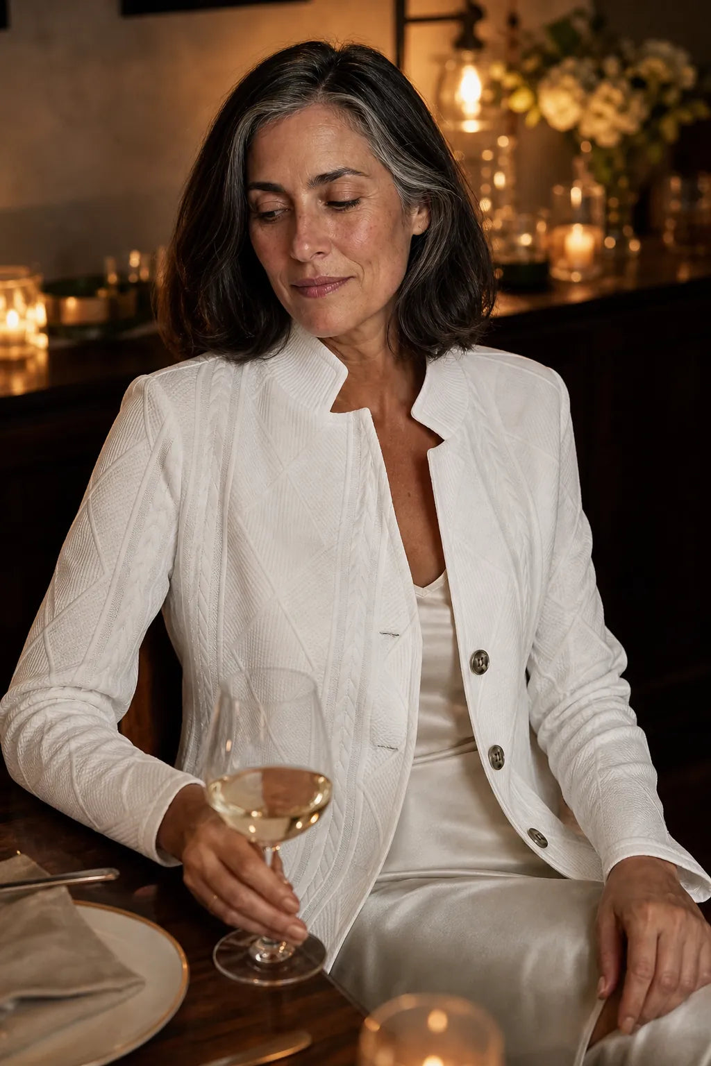 Women's Open Front Blazer with Stand Collar & Cable Knit Texture - Seated Dinner Pose