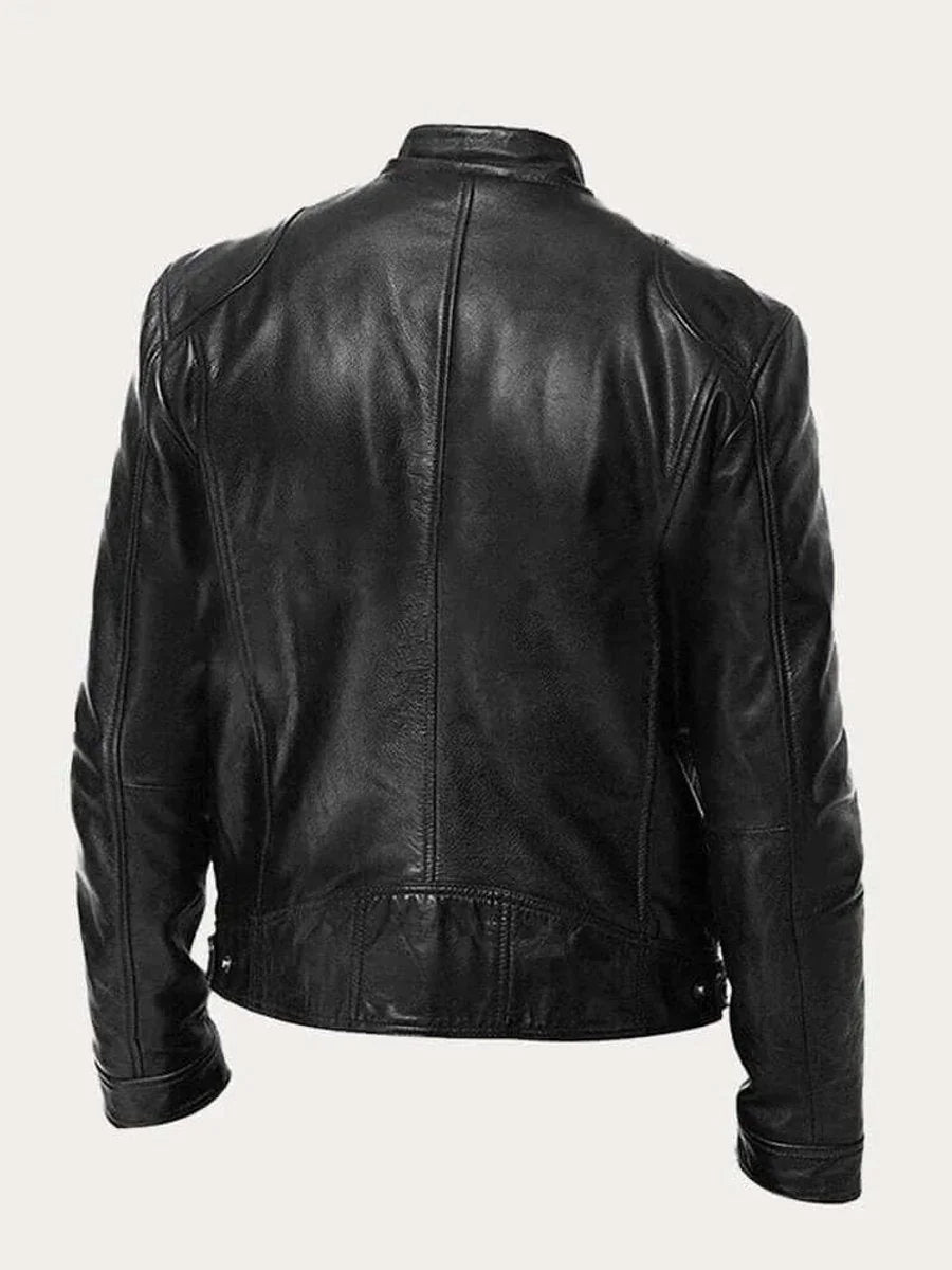 Men's Lightweight Leather Jacket with Snap Collar & Zip Pockets - Back Studio