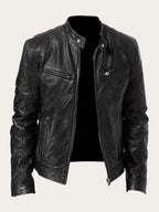 Black Men's Lightweight Leather Jacket with Snap Collar & Zip Pockets