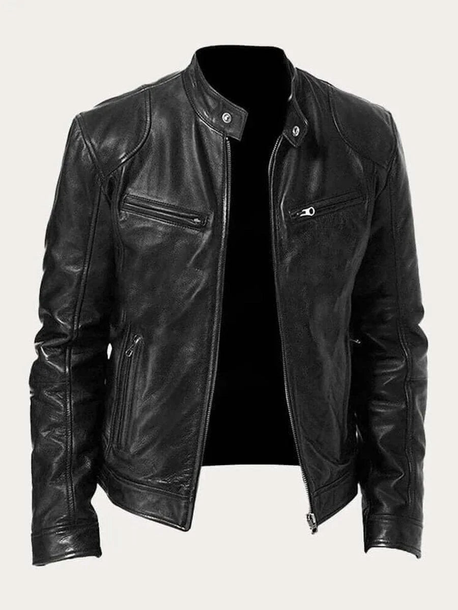 Black Men's Lightweight Leather Jacket with Snap Collar & Zip Pockets
