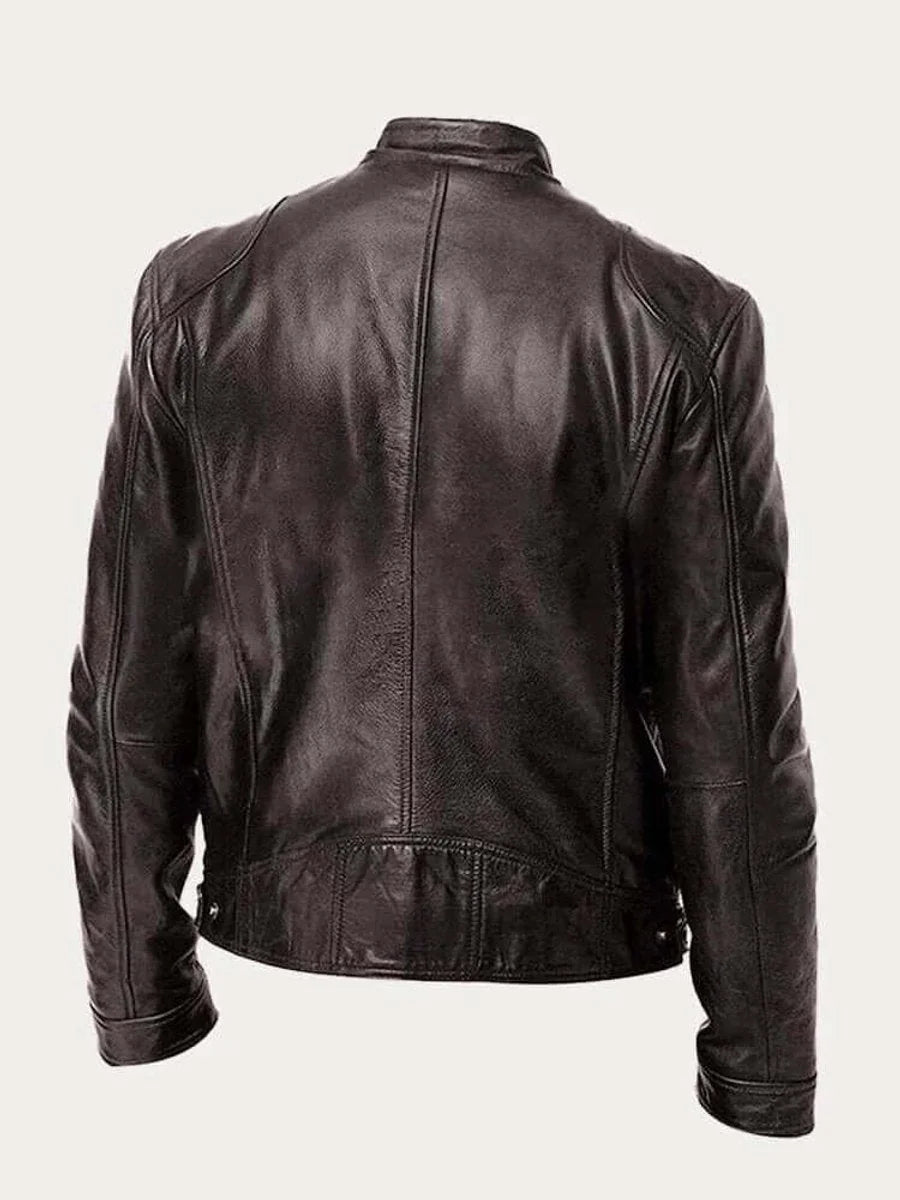 Men's Lightweight Leather Jacket with Snap Collar & Zip Pockets - Back Classic