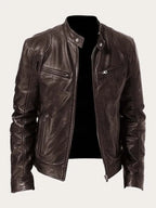 Brown Men's Lightweight Leather Jacket with Snap Collar & Zip Pockets
