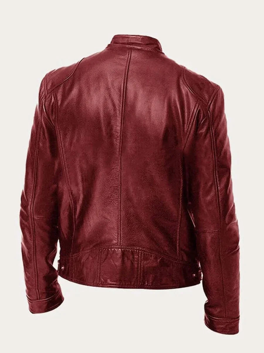 Men's Lightweight Leather Jacket with Snap Collar & Zip Pockets - Back Detail