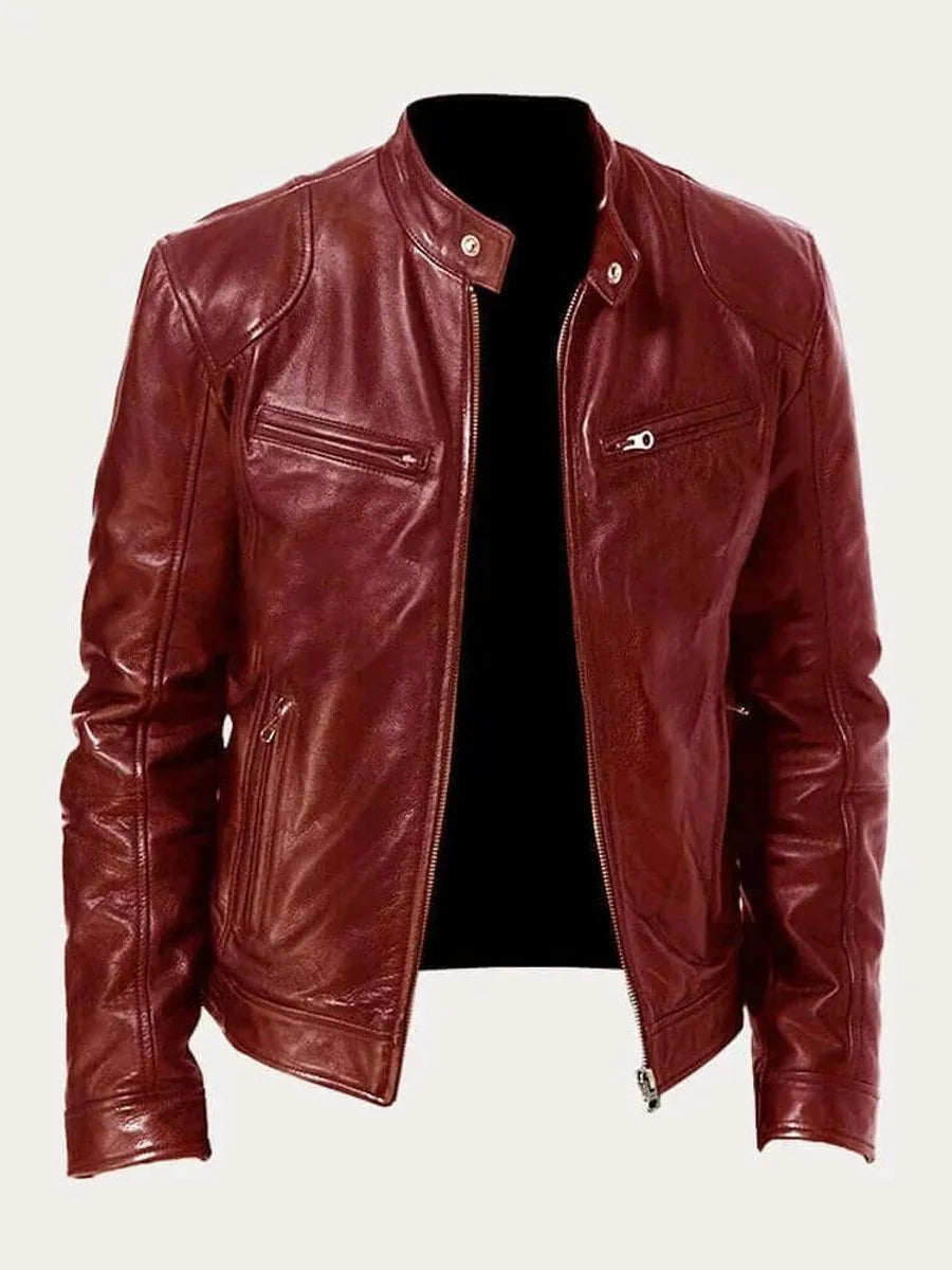 Burgundy Men's Lightweight Leather Jacket with Snap Collar & Zip Pockets - Front Quarter
