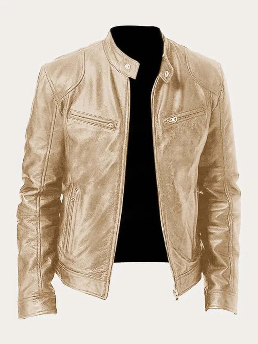 Gold Men's Lightweight Leather Jacket with Snap Collar & Zip Pockets