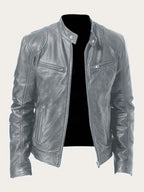 Grey Men's Lightweight Leather Jacket with Snap Collar & Zip Pockets