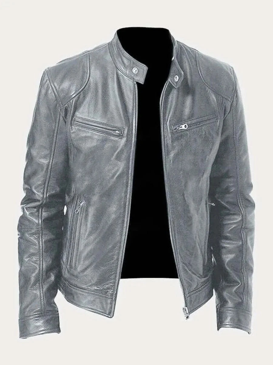 Grey Men's Lightweight Leather Jacket with Snap Collar & Zip Pockets