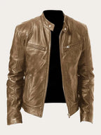 Khaki Men's Lightweight Leather Jacket with Snap Collar & Zip Pockets