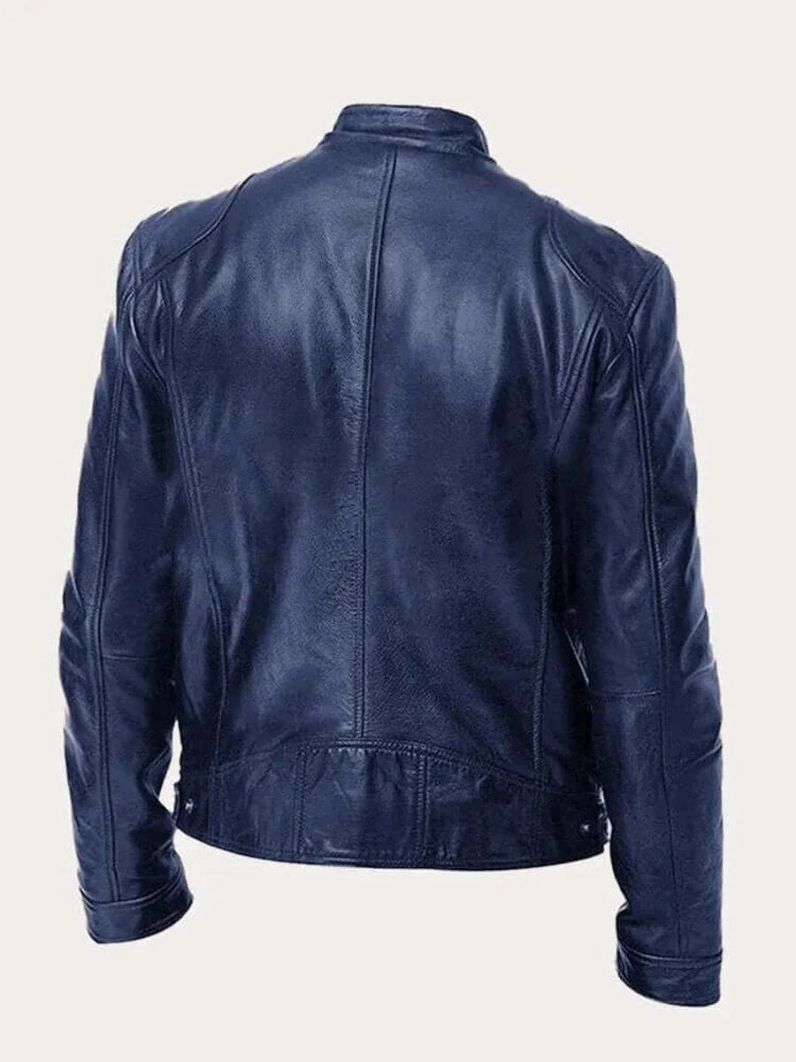 Men's Lightweight Leather Jacket with Snap Collar & Zip Pockets - Back Plain