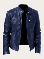 Navy Men's Lightweight Leather Jacket with Snap Collar & Zip Pockets