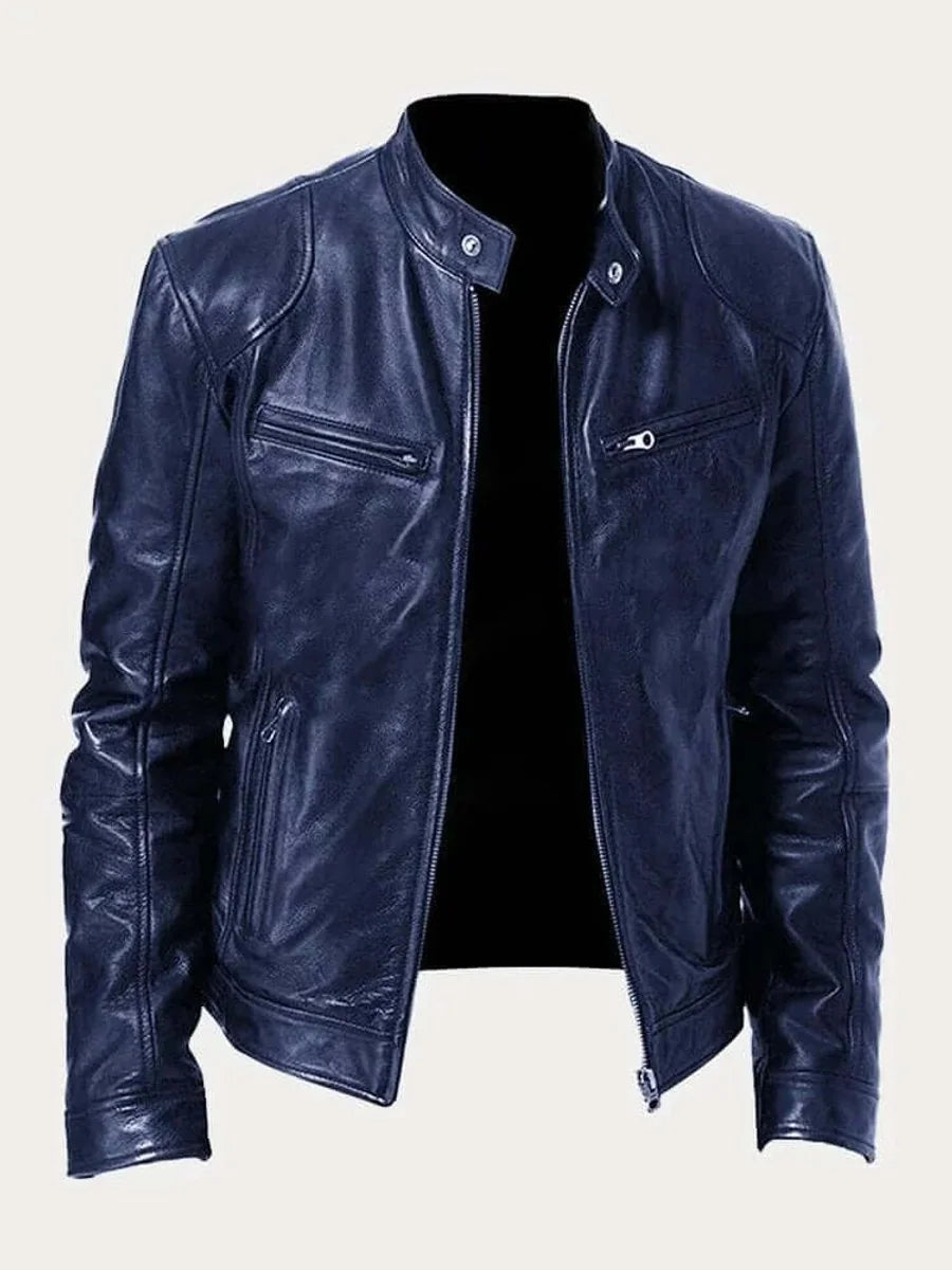 Navy Men's Lightweight Leather Jacket with Snap Collar & Zip Pockets