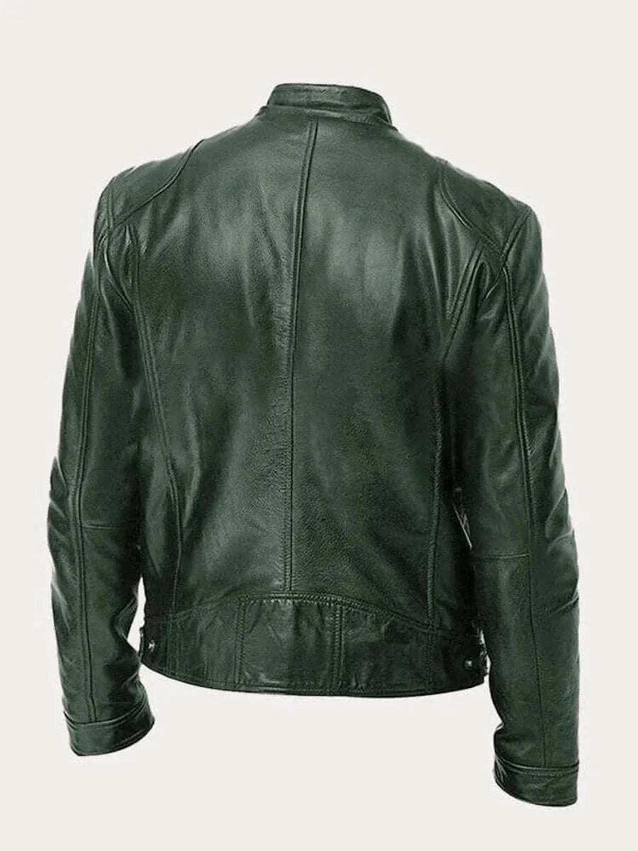 Men's Lightweight Leather Jacket with Snap Collar & Zip Pockets - Back View
