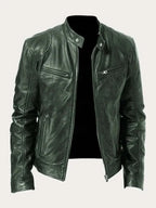 Olive Men's Lightweight Leather Jacket with Snap Collar & Zip Pockets