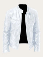 White Men's Lightweight Leather Jacket with Snap Collar & Zip Pockets - Front Clean