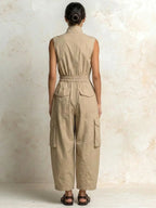 Beige Women's Cargo Jumpsuit with Elastic Waist & Relaxed Wide-Leg Fit — Naomi - Front Close Up