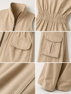 Beige Women's Cargo Jumpsuit with Elastic Waist & Relaxed Wide-Leg Fit — Naomi - Walking Lifestyle