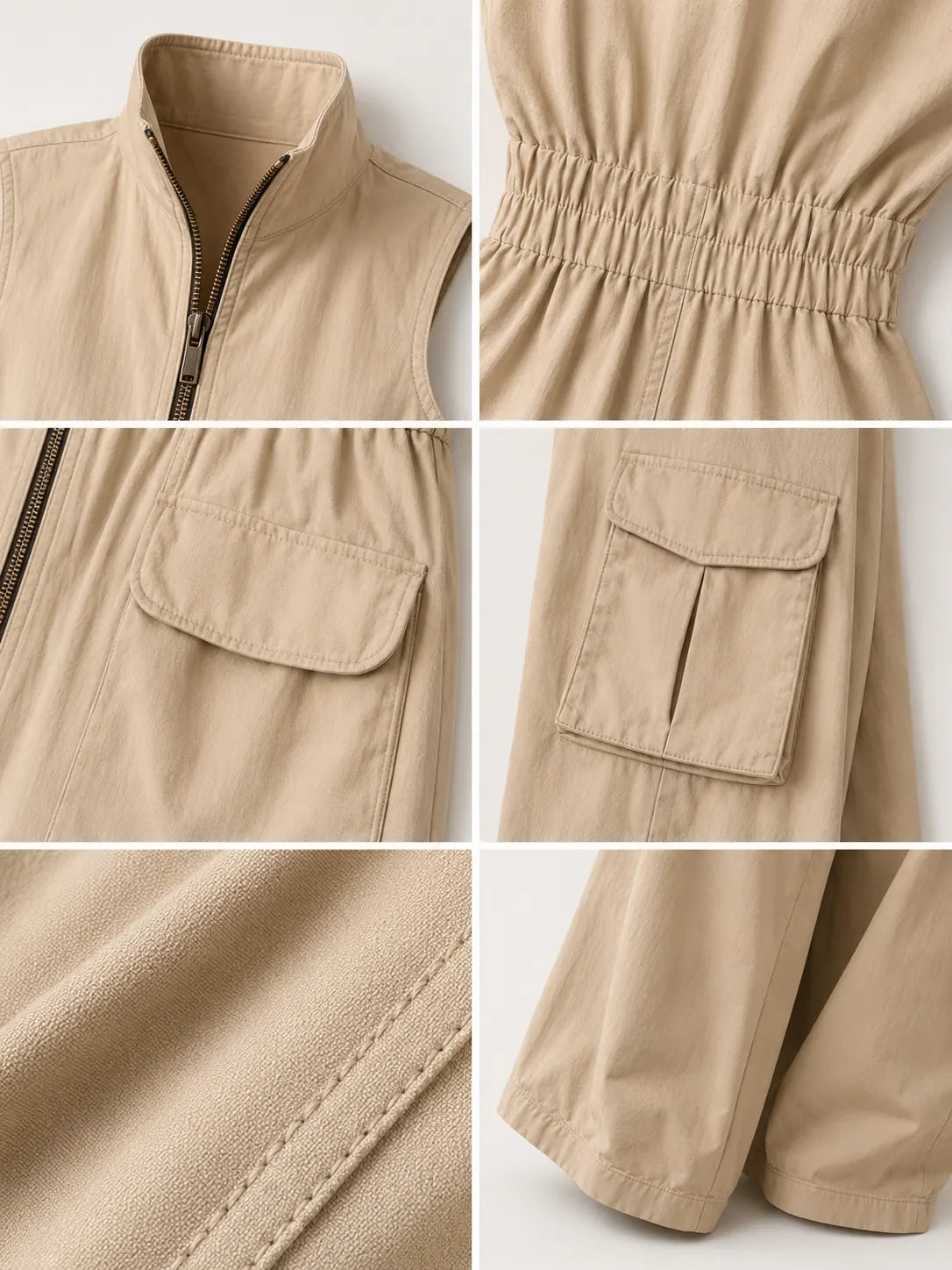 Beige Women's Cargo Jumpsuit with Elastic Waist & Relaxed Wide-Leg Fit — Naomi - Walking Lifestyle