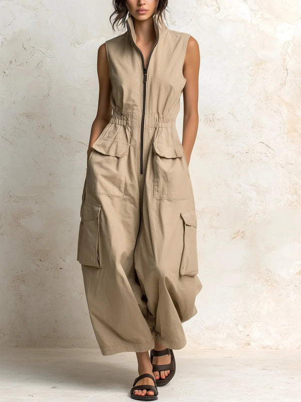 Beige Women's Cargo Jumpsuit with Elastic Waist & Relaxed Wide-Leg Fit — Naomi