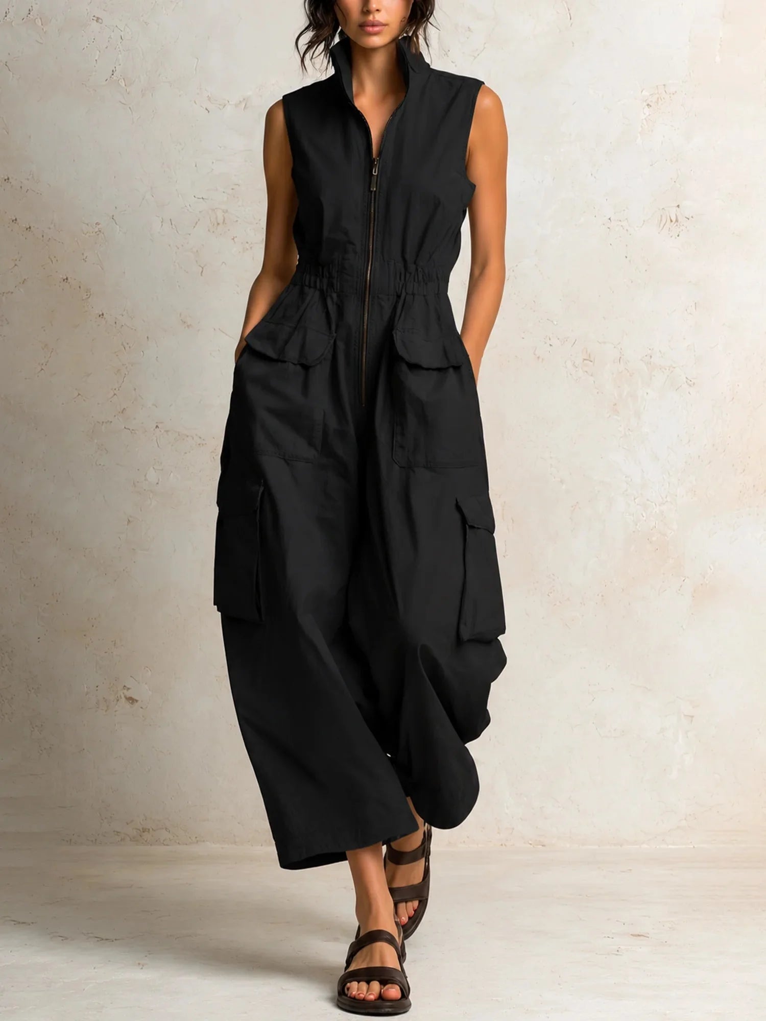 Black Women's Cargo Jumpsuit with Elastic Waist & Relaxed Wide-Leg Fit — Naomi