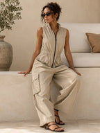 Brown Women's Cargo Jumpsuit with Elastic Waist & Relaxed Wide-Leg Fit — Naomi - Front Pose