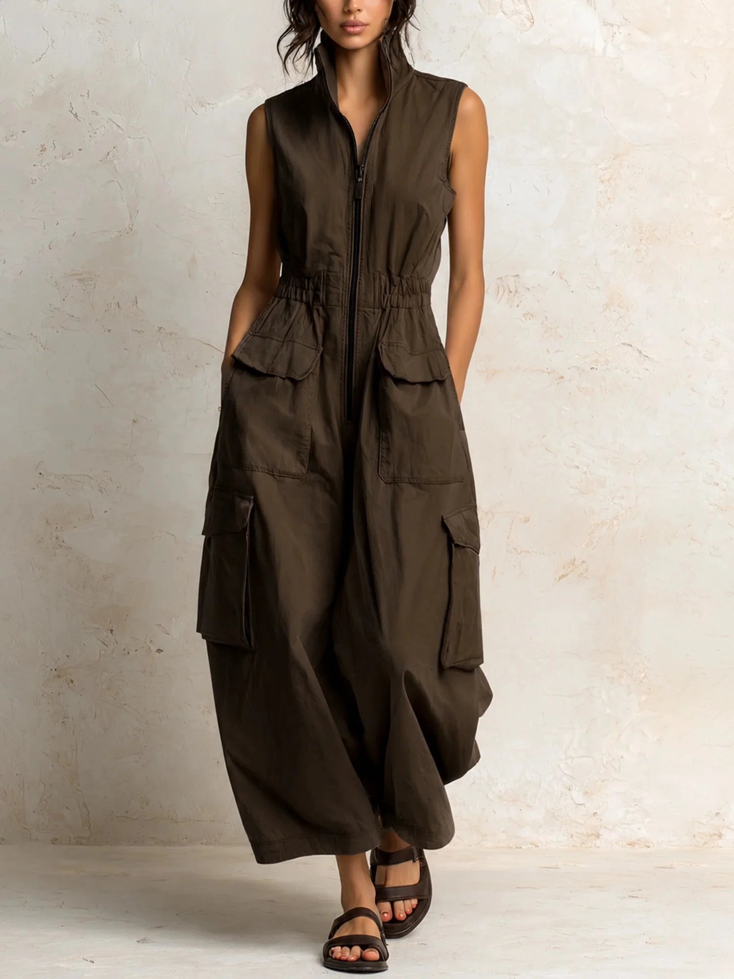 Brown Women's Cargo Jumpsuit with Elastic Waist & Relaxed Wide-Leg Fit — Naomi