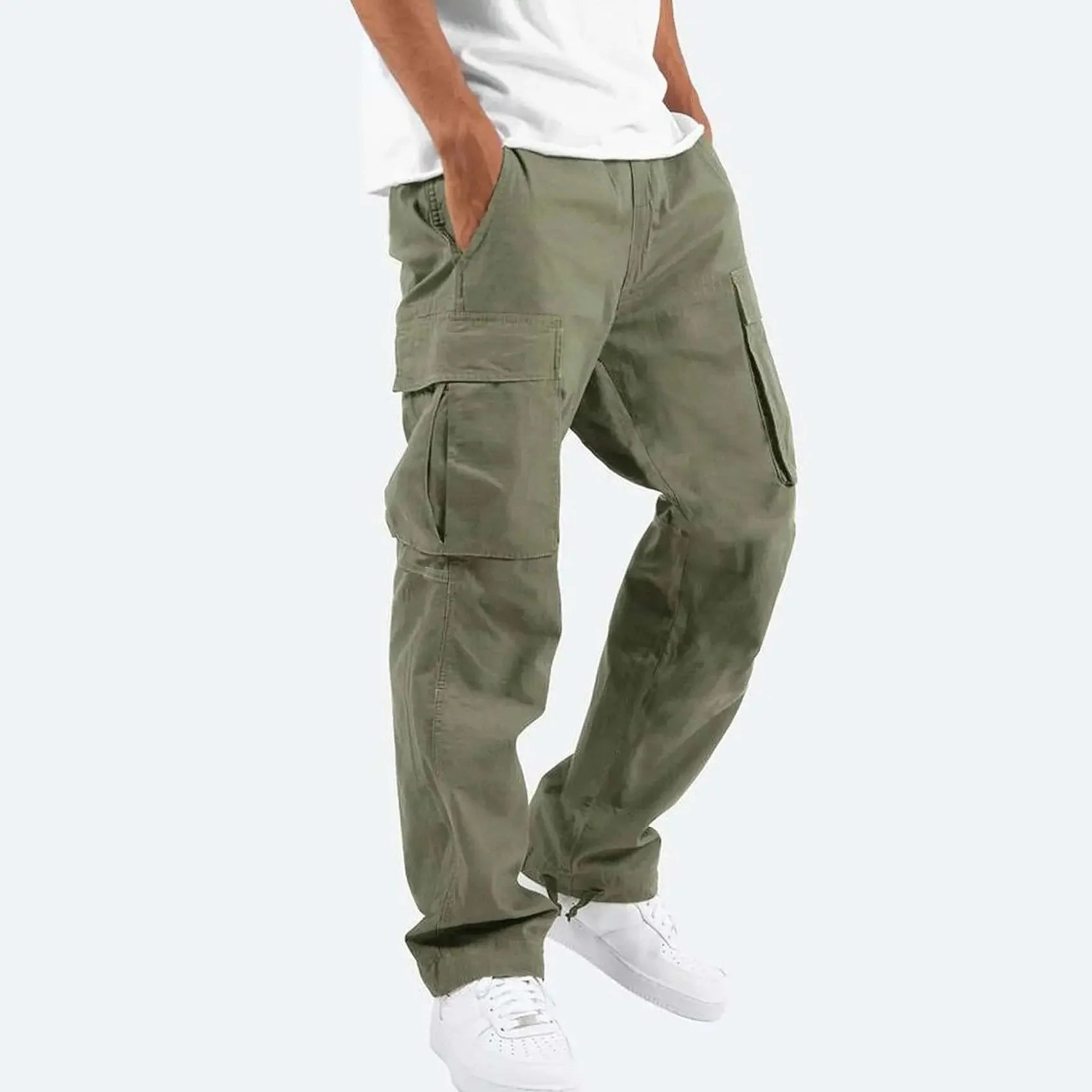 Men's Cargo Pants with Elastic Waistband & Relaxed Fit - Green Walking Pose