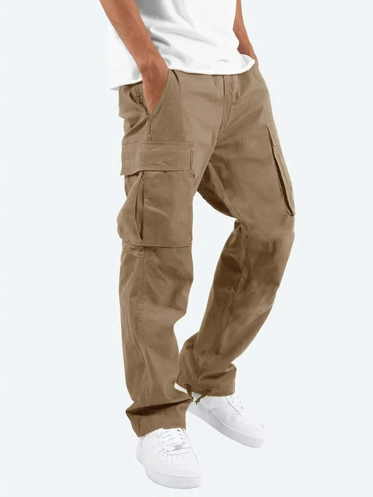 Brown Men's Cargo Pants with Elastic Waistband & Relaxed Fit