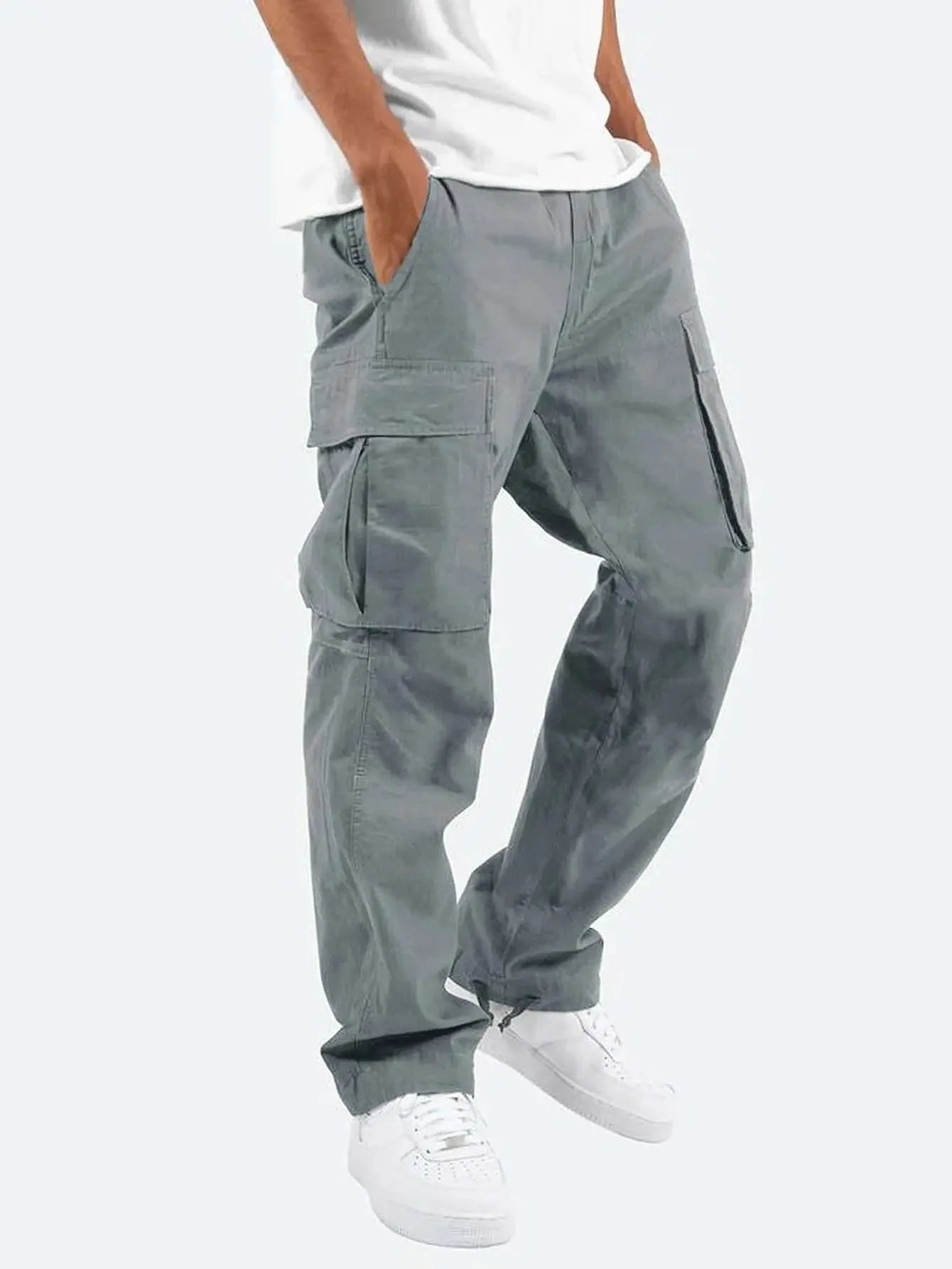 Grey Men's Cargo Pants with Elastic Waistband & Relaxed Fit