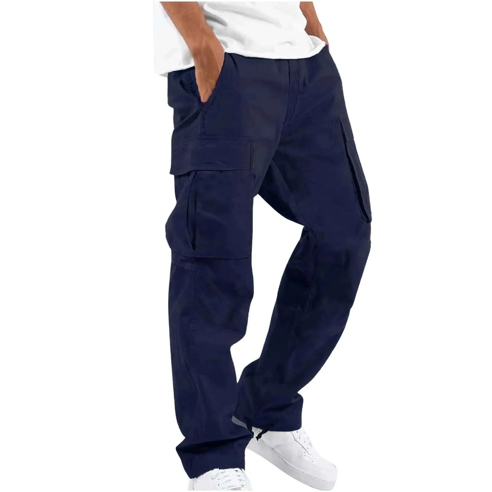 Navy Blue Men's Cargo Pants with Elastic Waistband & Relaxed Fit - Full Length Front