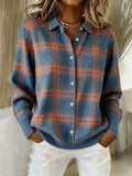 Women's Check Knit Blouse with Classic Collar & Button-Front Design — Genevieve