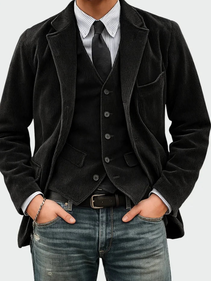 Black Men's Classic Blazer in Ribbed Corduroy with Layered Vest & Notched Lapel — Jack