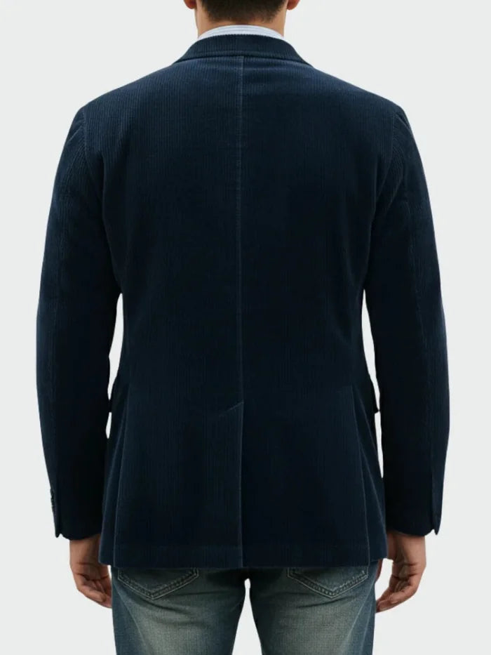 Blue Men's Classic Blazer in Ribbed Corduroy with Layered Vest & Notched Lapel — Jack - Back Detail
