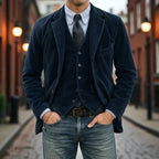 Blue Men's Classic Blazer in Ribbed Corduroy with Layered Vest & Notched Lapel — Jack - Outdoor Front